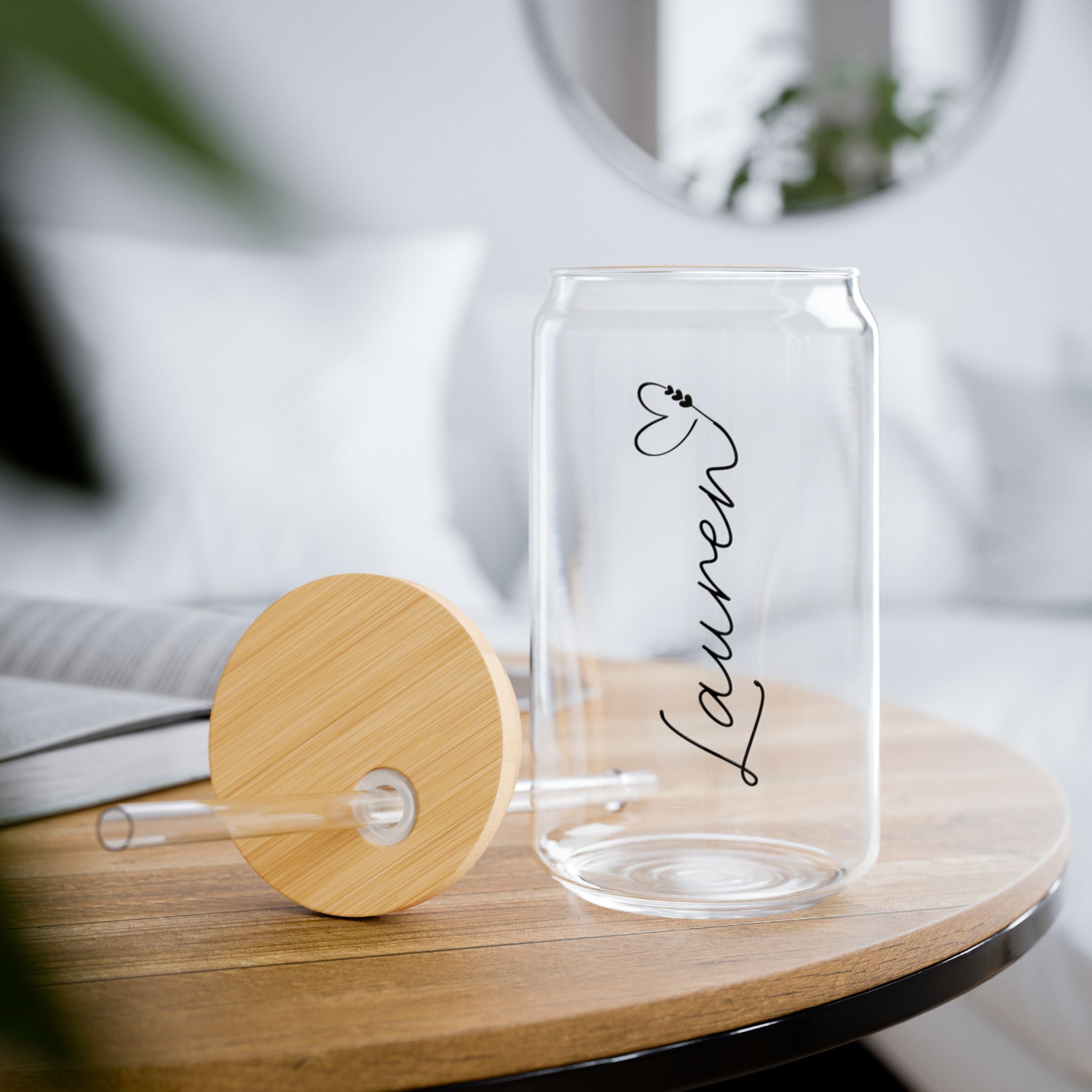 Personalized Glass Sipper Tumbler — 16oz Clear Cup with Bamboo Lid & Straw