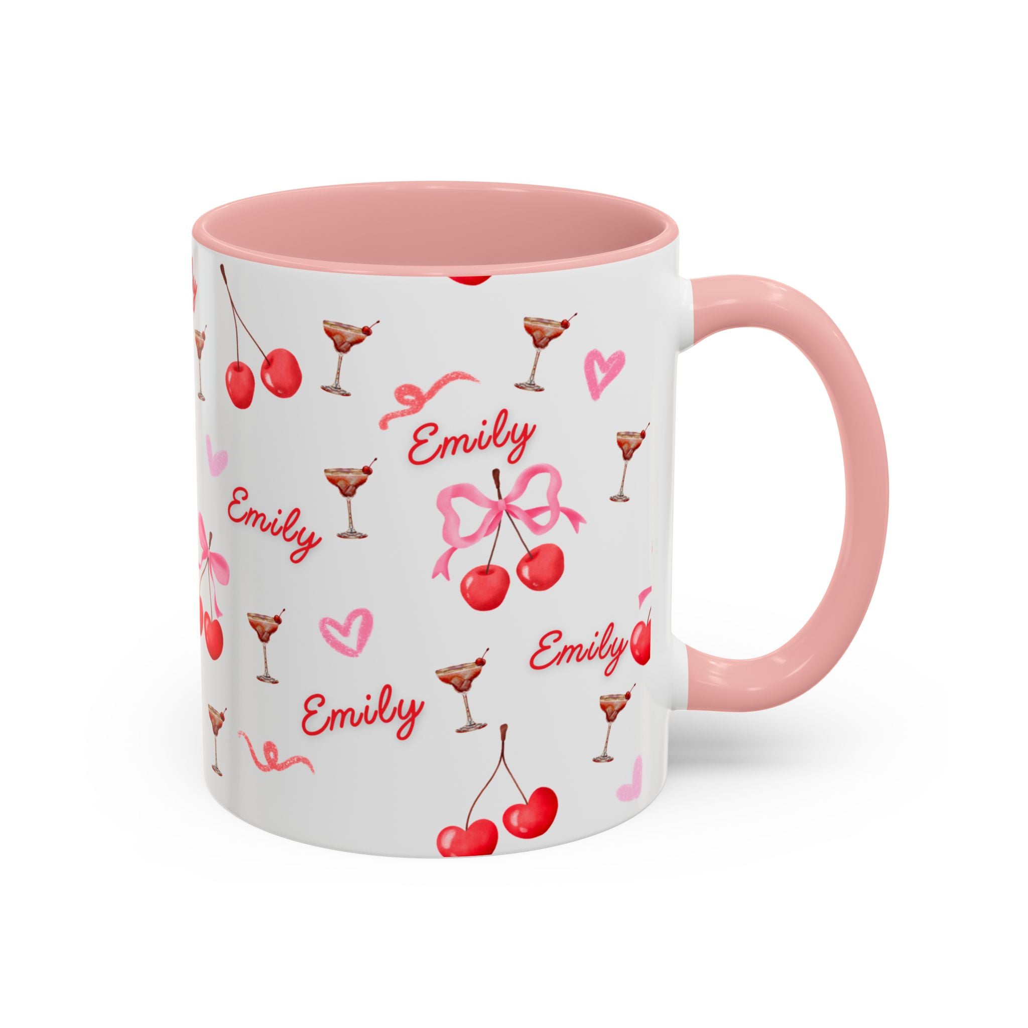 Personalized Cherry Pattern Coffee Mug — Custom Name "Emily", Cute Cocktail & Heart Accent Mug (11/15oz)