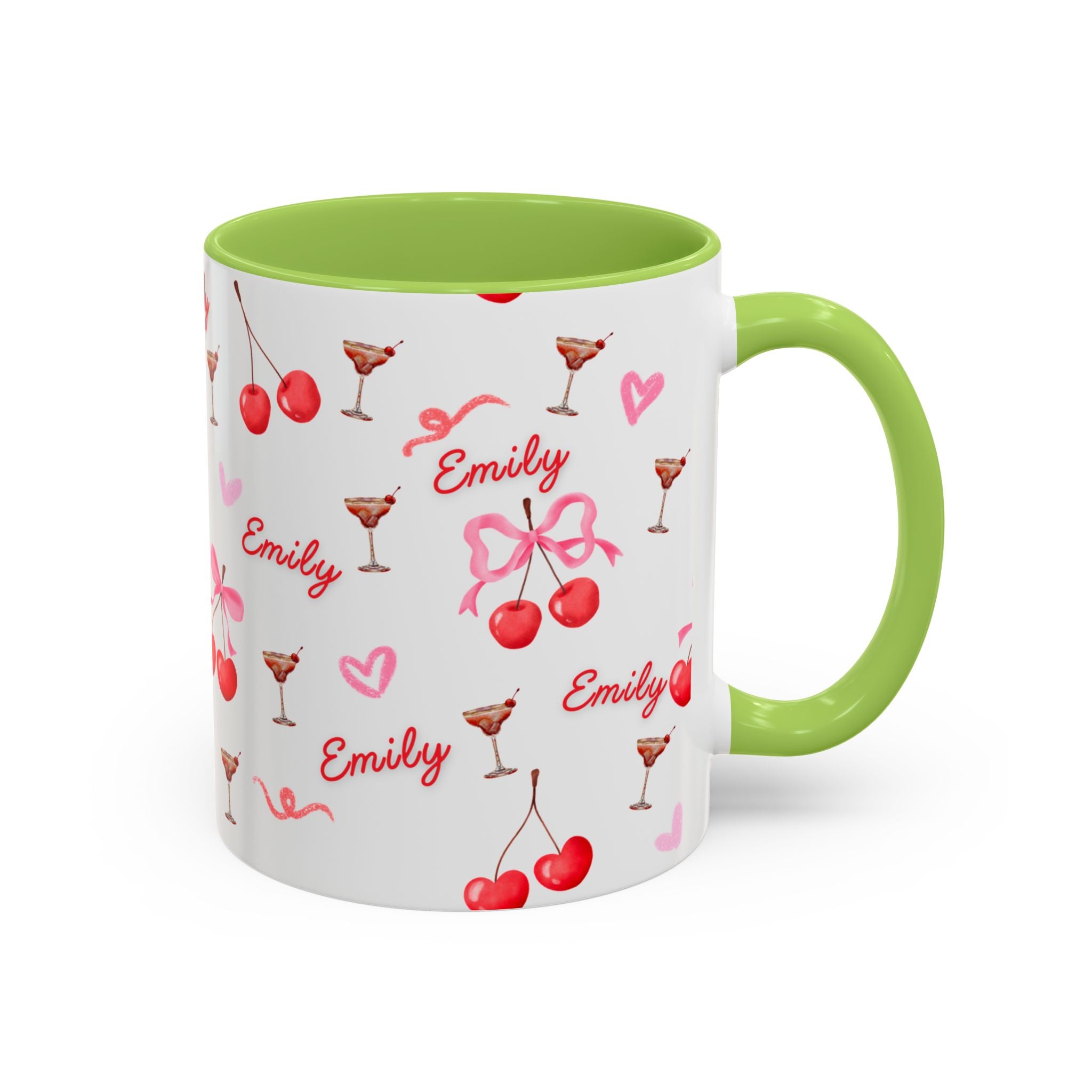 Personalized Cherry Pattern Coffee Mug — Custom Name "Emily", Cute Cocktail & Heart Accent Mug (11/15oz)