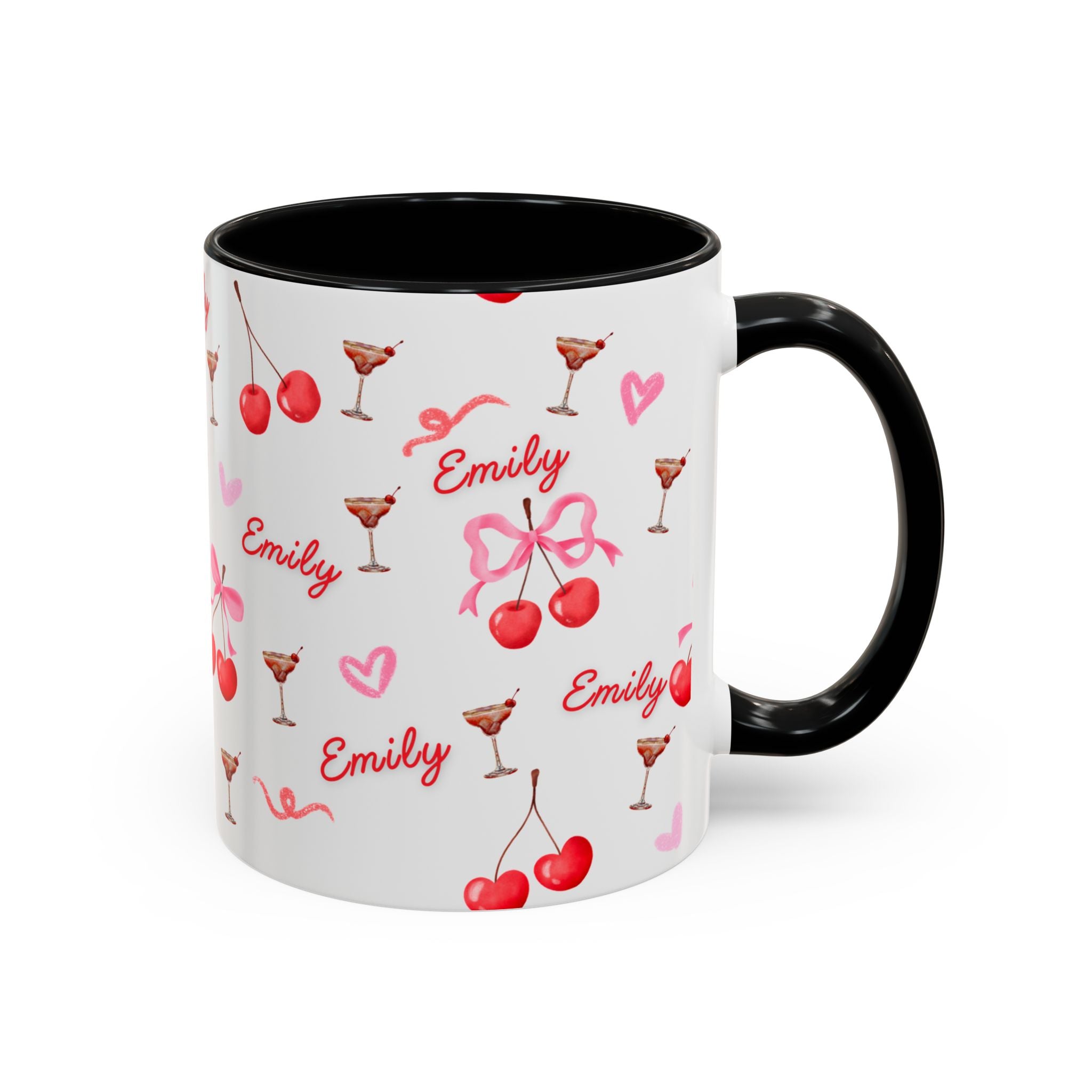 Personalized Cherry Pattern Coffee Mug — Custom Name "Emily", Cute Cocktail & Heart Accent Mug (11/15oz)