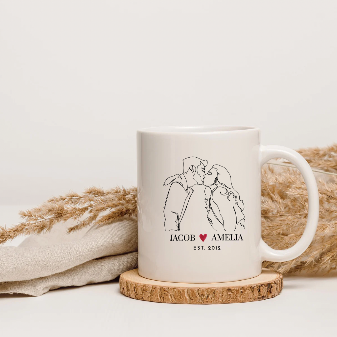 Personalized Couples Mug — Custom Names & Est. Date Coffee Cup (Kissing Line Art)
