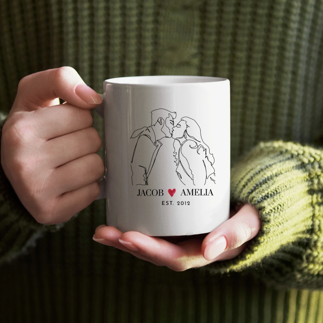 Personalized Couples Mug — Custom Names & Est. Date Coffee Cup (Kissing Line Art)