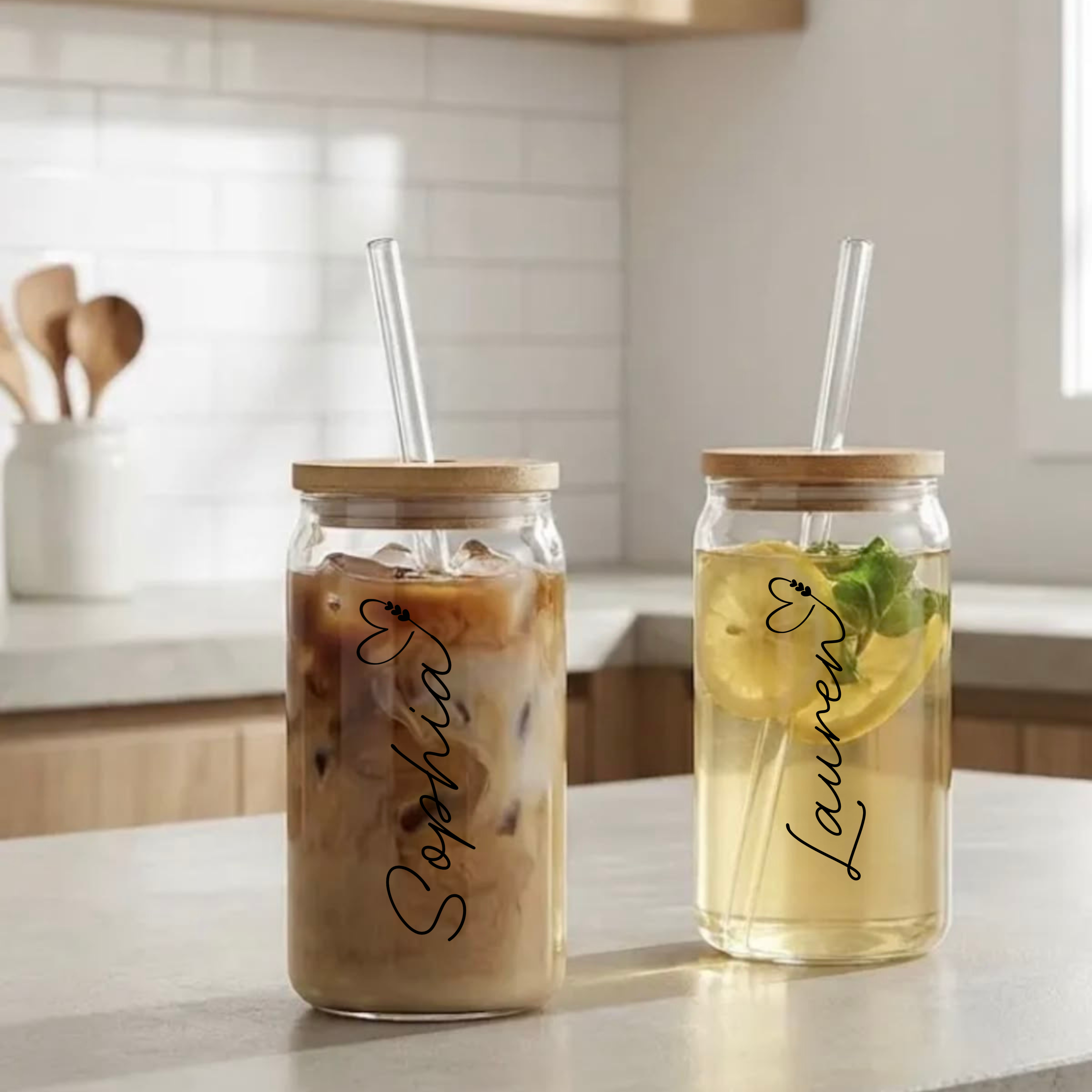 Personalized Glass Sipper Tumbler — 16oz Clear Cup with Bamboo Lid & Straw