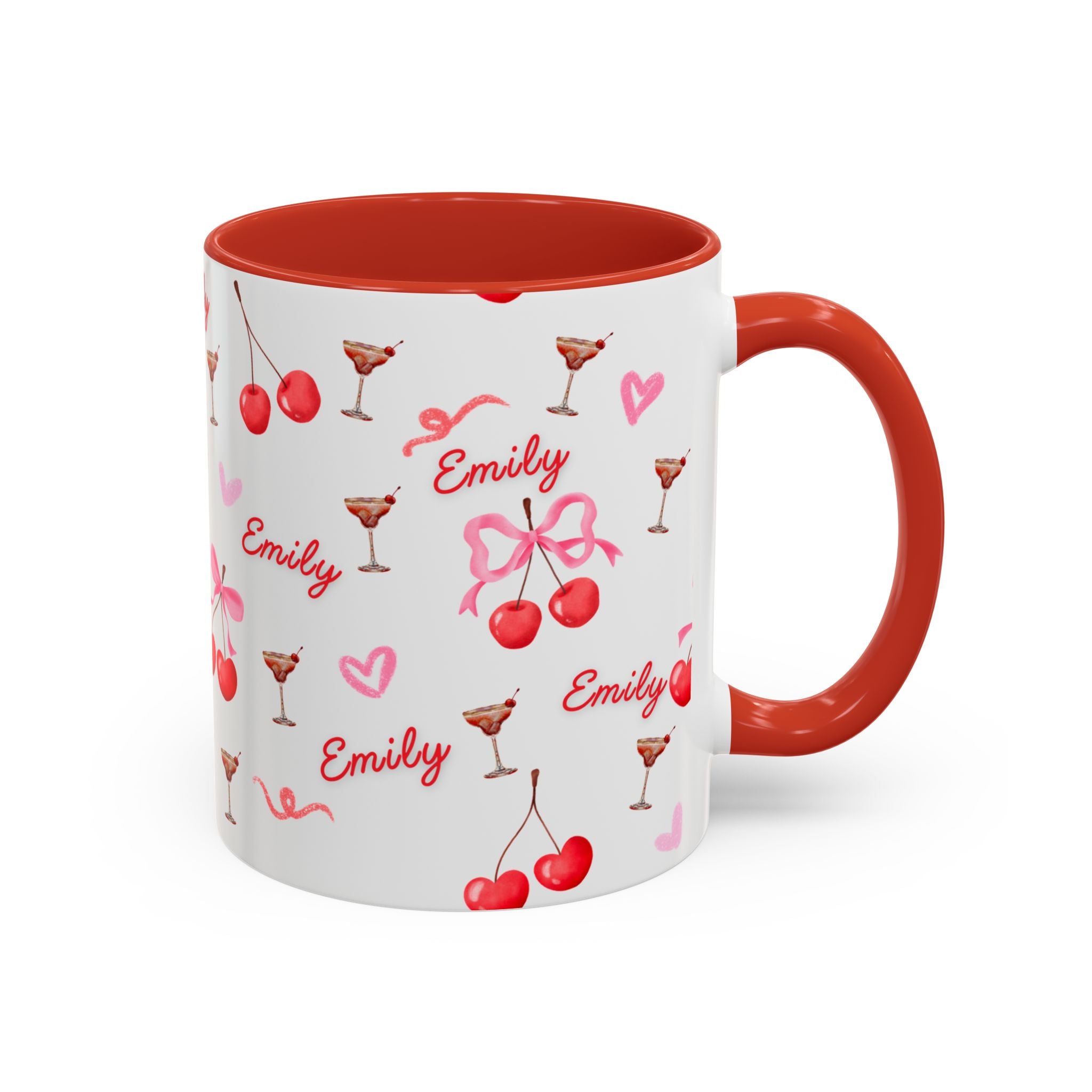 Personalized Cherry Pattern Coffee Mug — Custom Name "Emily", Cute Cocktail & Heart Accent Mug (11/15oz)