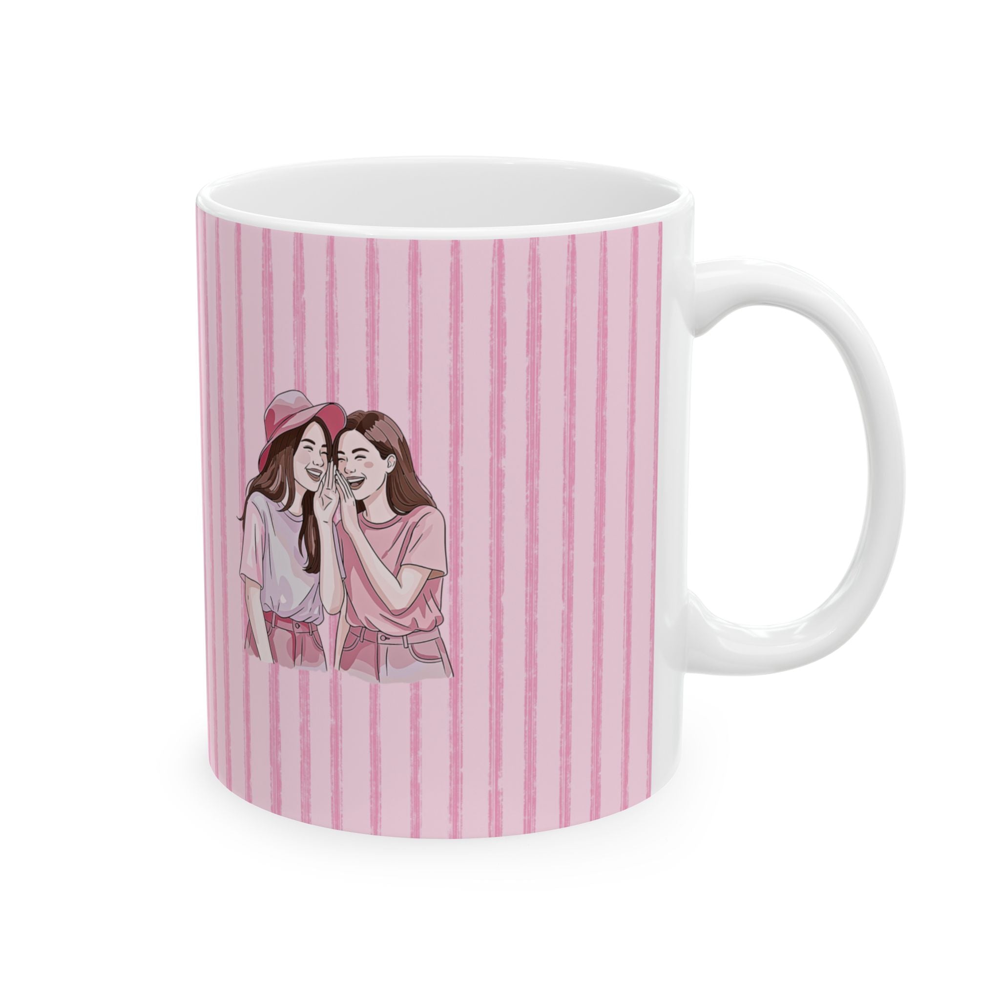Pink Striped Floral Girl Ceramic Mug – Cute Pastel Coffee Cup (11oz/15oz)