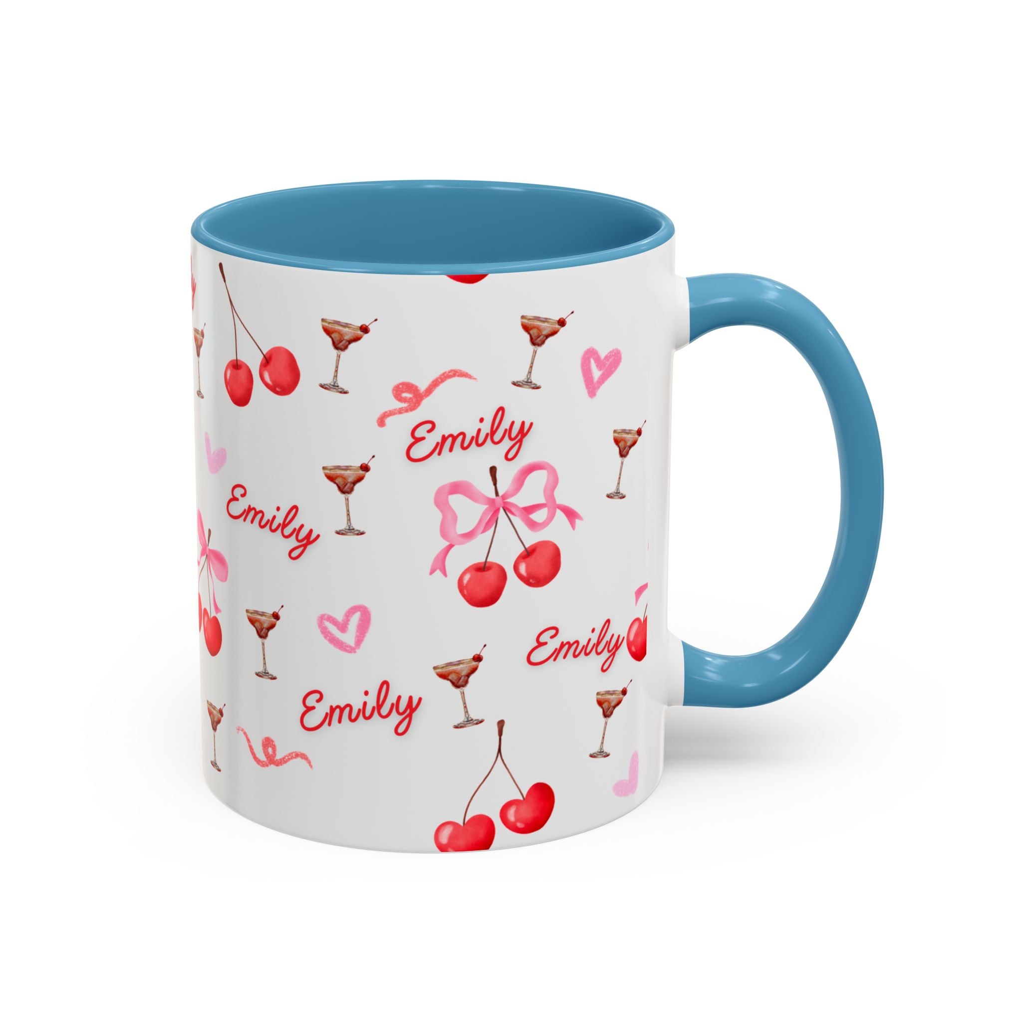 Personalized Cherry Pattern Coffee Mug — Custom Name "Emily", Cute Cocktail & Heart Accent Mug (11/15oz)