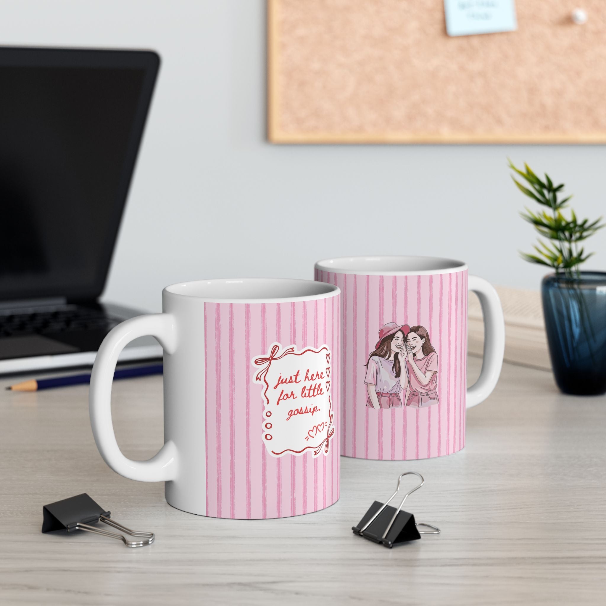 Pink Striped Floral Girl Ceramic Mug – Cute Pastel Coffee Cup (11oz/15oz)