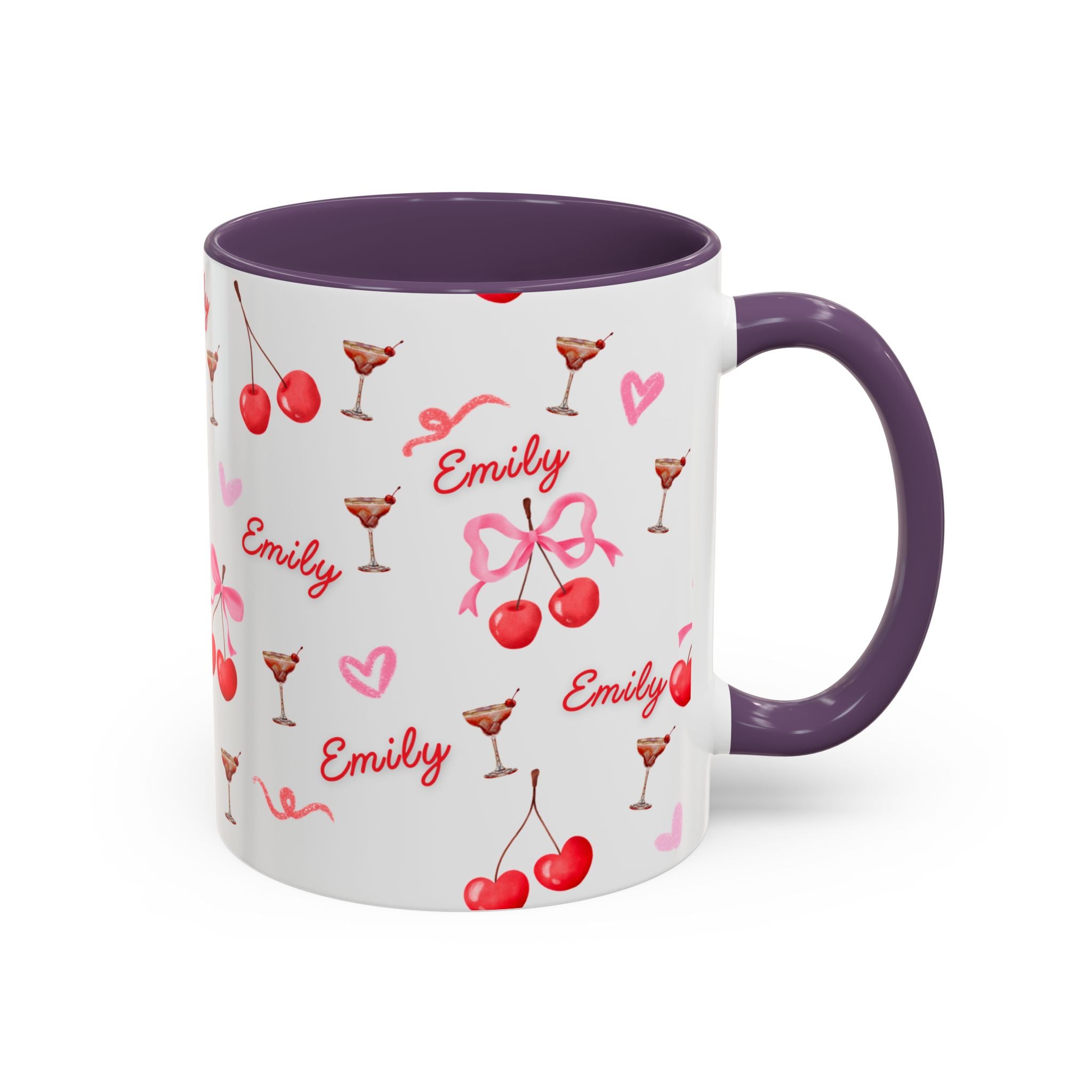 Personalized Cherry Pattern Coffee Mug — Custom Name "Emily", Cute Cocktail & Heart Accent Mug (11/15oz)