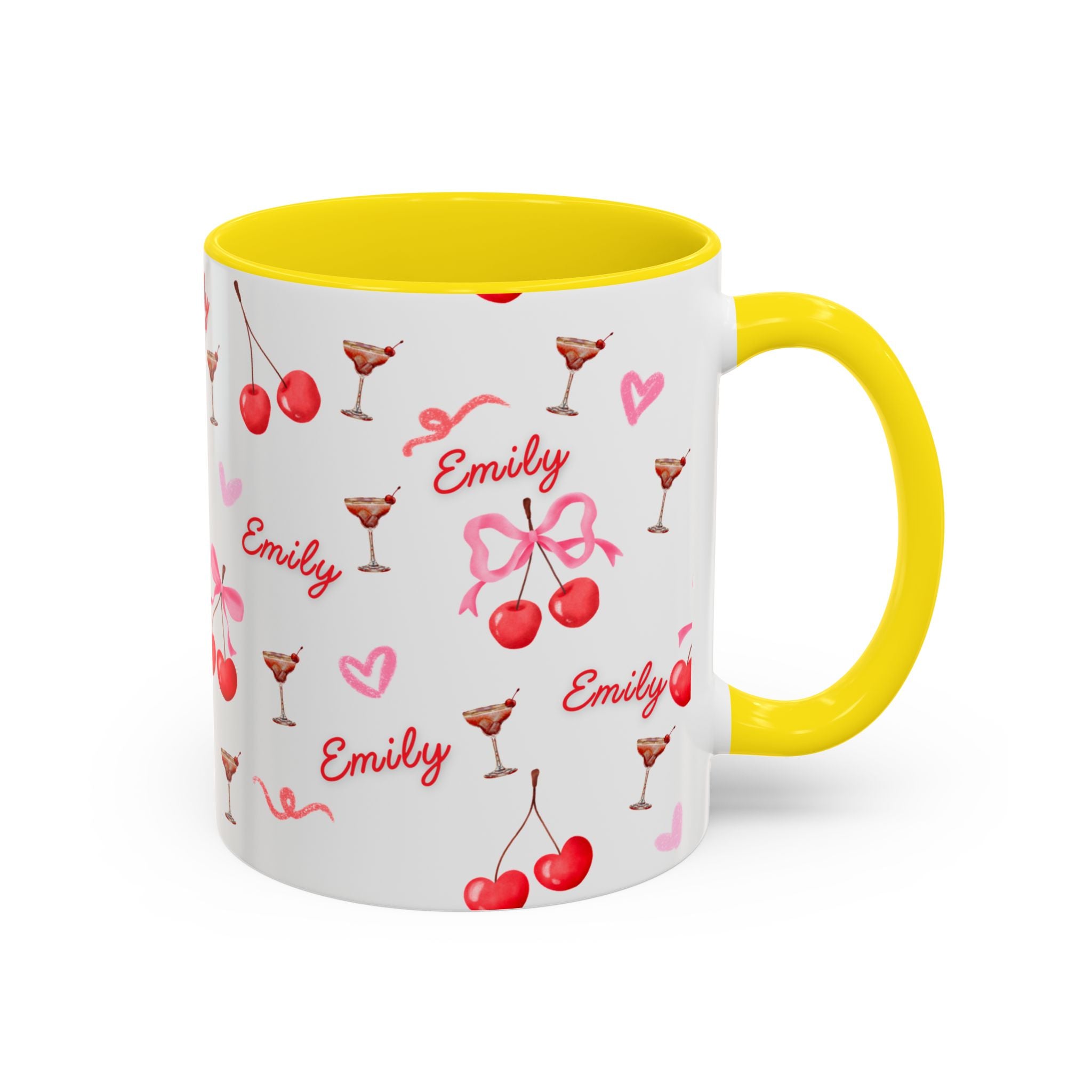 Personalized Cherry Pattern Coffee Mug — Custom Name "Emily", Cute Cocktail & Heart Accent Mug (11/15oz)