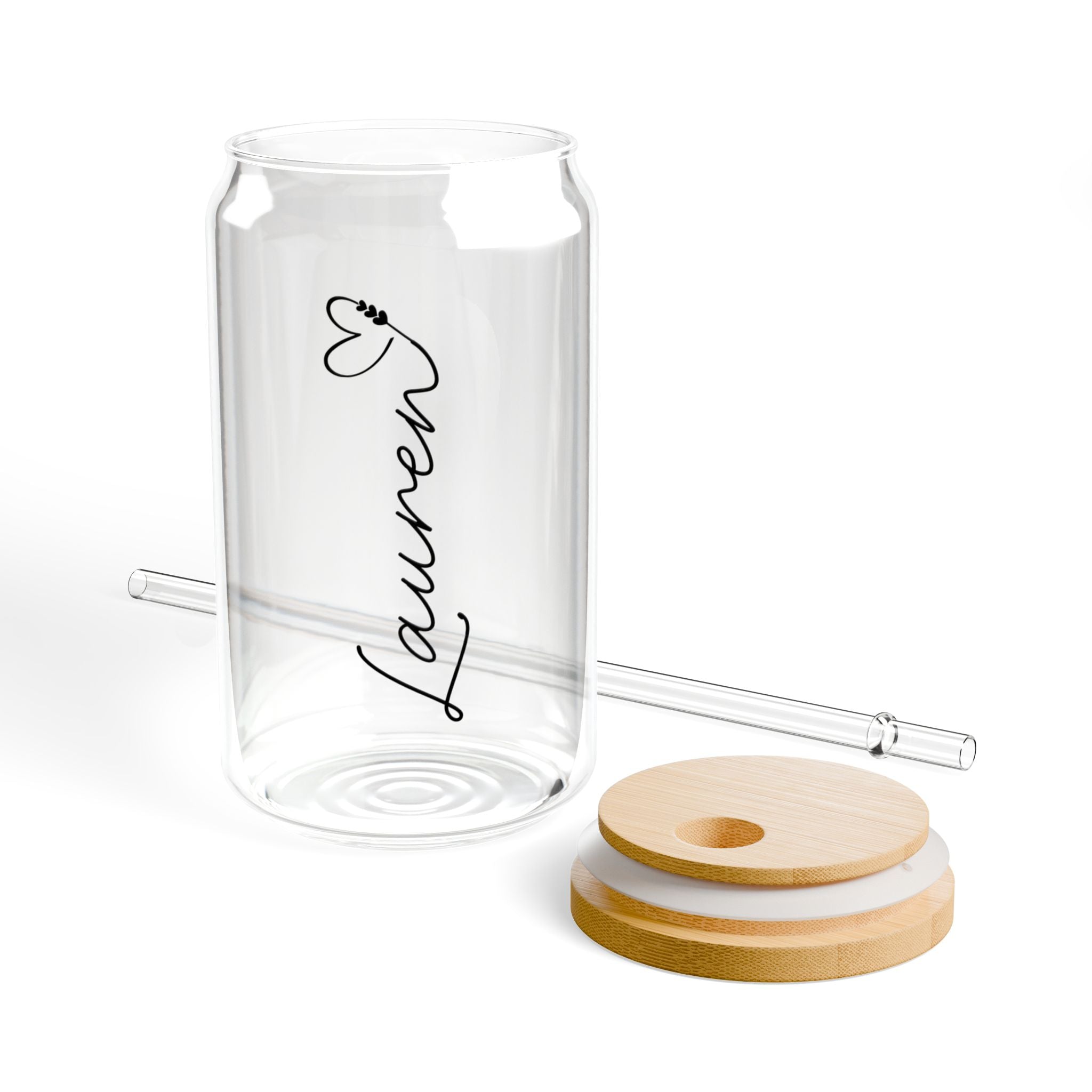 Personalized Glass Sipper Tumbler — 16oz Clear Cup with Bamboo Lid & Straw